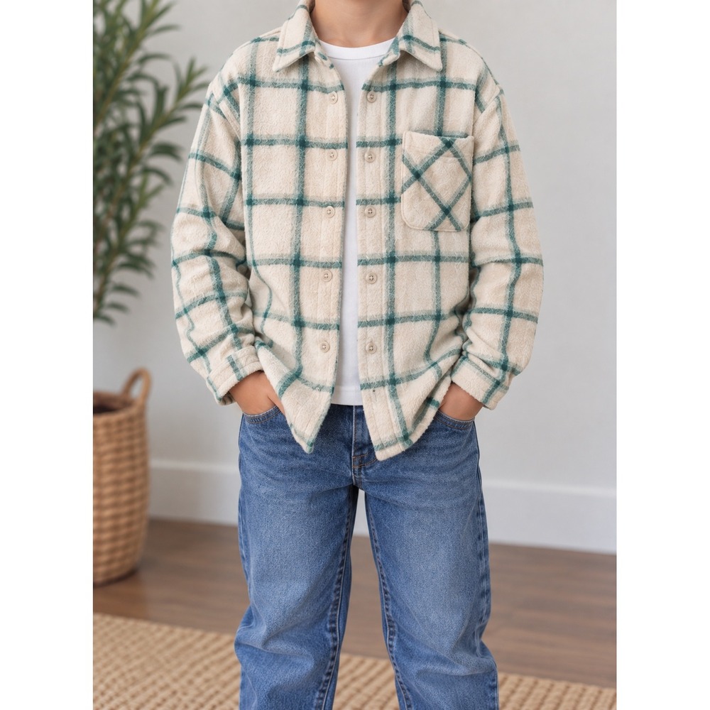Wonder Nation Boys Green Cream Plaid Flannel Button Down Shirt Size L 10-12_150